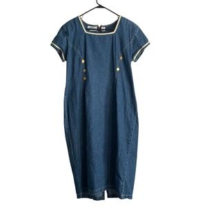 Vintage Impatiens Denim Midi Dress Sz 16 Gold Trim Gold Button Detail A-Line